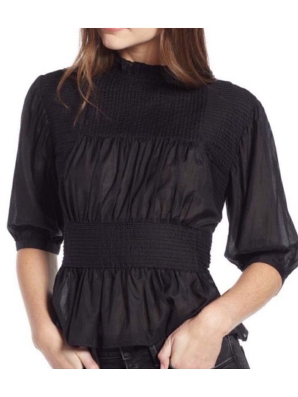 Something Navy Black Smocked Waist High-Neck Peasant Blouse